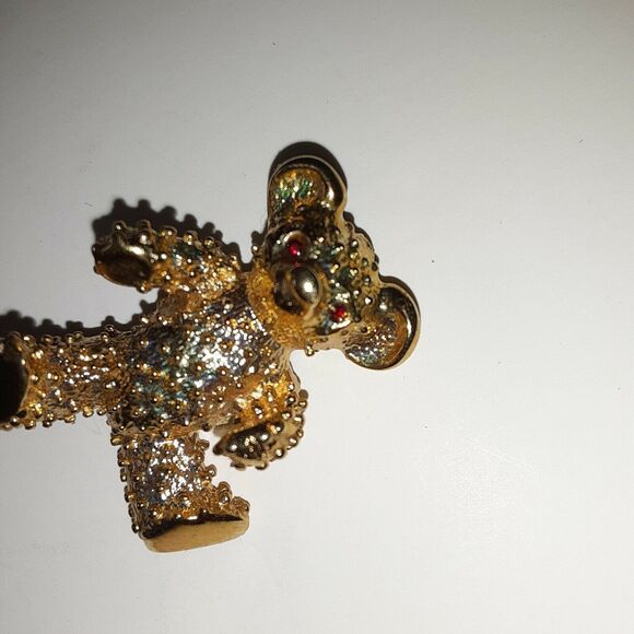 VINTAGE SIGNED Teddy Bear Brooch Heavy Red Rhinestone eyes - Picture 9 of 10